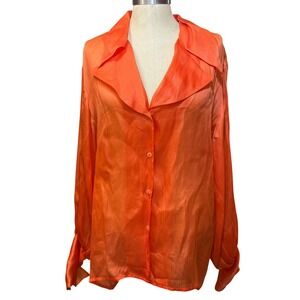 Vintage Le Garage M Orange Silk Top Sheer‎ Bishop Sleeve Sheer France Luxury 80s